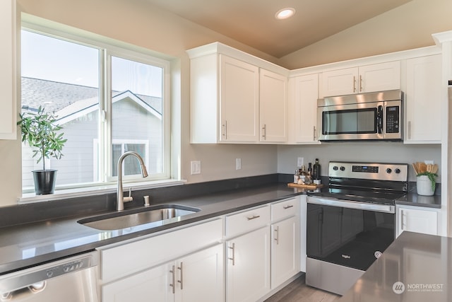 kitchen featuring appliances with stainless steel finishes, lofted ceiling, plenty of natural light, and sink