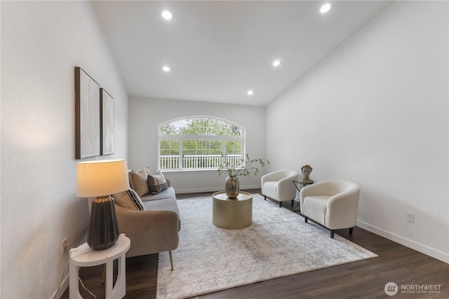 sitting room featuring recessed lighting, baseboards, lofted ceiling, and wood finished floors