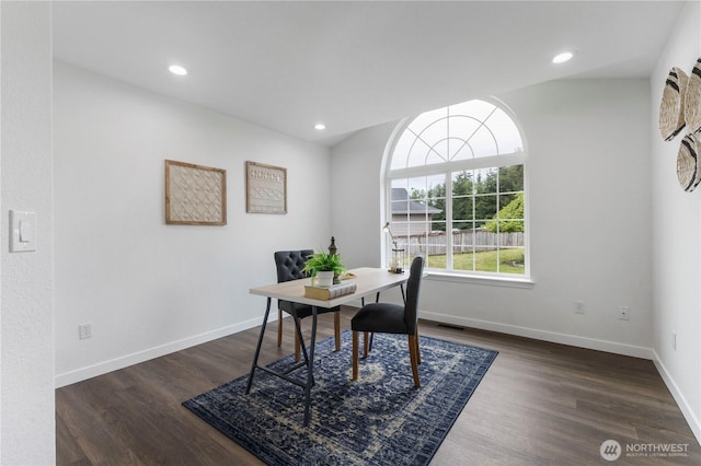 office area with baseboards, recessed lighting, wood finished floors, and visible vents