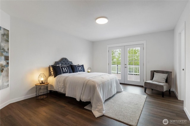bedroom with french doors, baseboards, access to outside, and dark wood-style floors