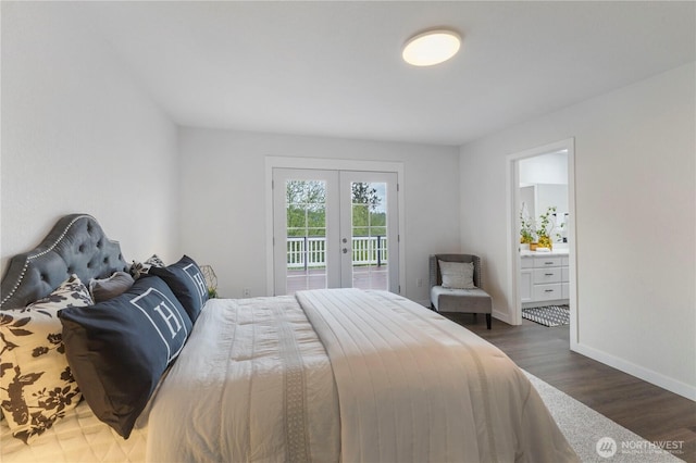 bedroom featuring baseboards, access to outside, french doors, and dark wood-style floors