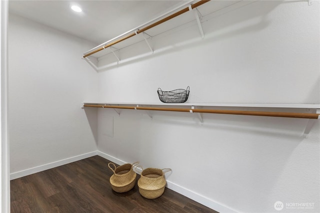 walk in closet featuring dark wood-style flooring