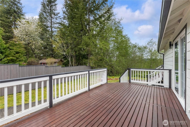 deck featuring a yard and a fenced backyard
