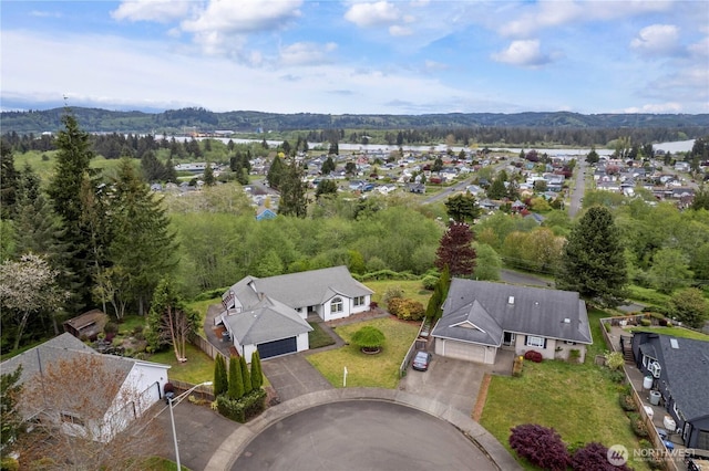 drone / aerial view featuring a residential view and a mountain view