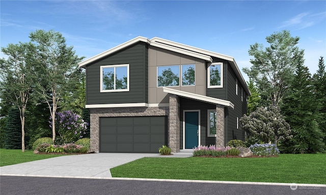 view of front of property with a garage and a front lawn