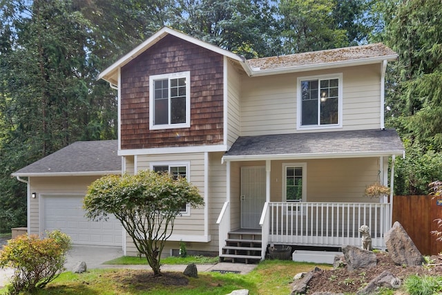 view of front of home featuring a porch, concrete driveway, roof with shingles, and a garage