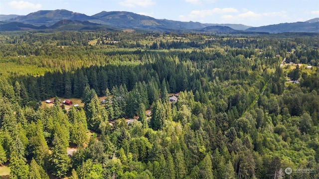 birds eye view of property with a forest view and a mountain view