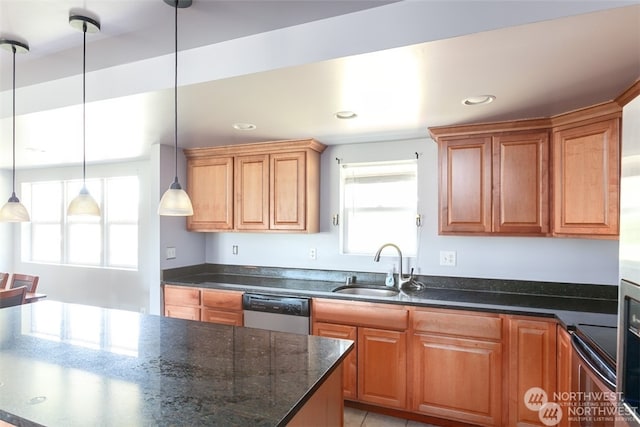 kitchen with range with electric stovetop, sink, hanging light fixtures, stainless steel dishwasher, and dark stone countertops