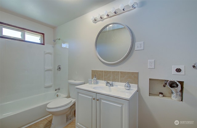 full bathroom featuring vanity, tile patterned floors, washtub / shower combination, and toilet