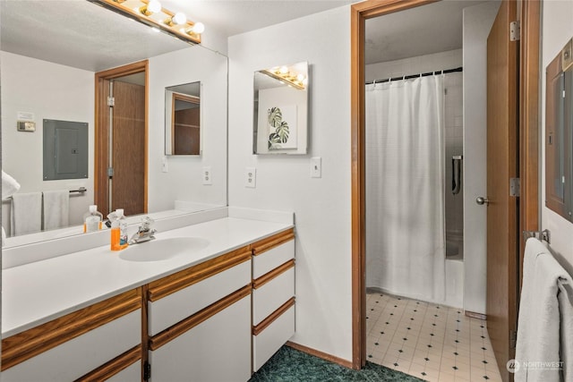 full bath featuring shower / bathtub combination with curtain, vanity, baseboards, and electric panel