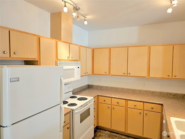 kitchen with light brown cabinets, white appliances, and track lighting