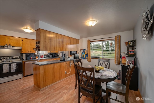 kitchen with ventilation hood, stainless steel dishwasher, white electric range oven, kitchen peninsula, and light wood-type flooring