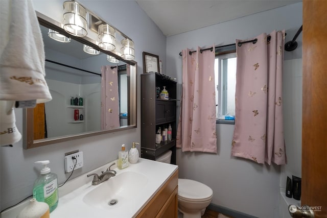 bathroom with vanity, toilet, and walk in shower