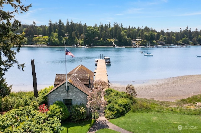 property view of water with a forest view and a boat dock