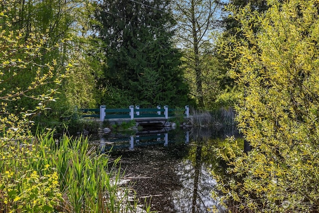 view of dock with a water view and fence