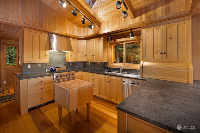 kitchen featuring wood ceiling, wall chimney exhaust hood, appliances with stainless steel finishes, light brown cabinetry, and a sink