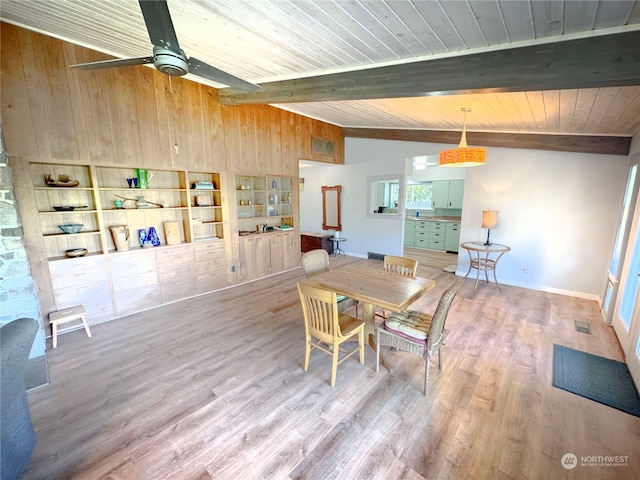 dining room featuring wood ceiling, ceiling fan, hardwood / wood-style flooring, and vaulted ceiling with beams