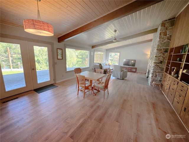 dining room featuring french doors, ceiling fan, and wood-type flooring