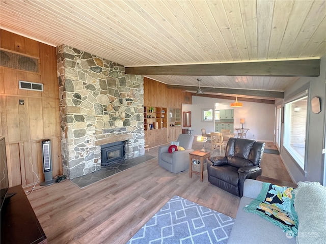 living room with wood walls, wooden ceiling, and hardwood / wood-style floors