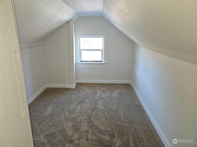 bonus room featuring lofted ceiling, carpet floors, and a textured ceiling