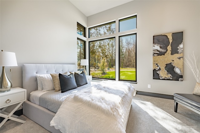 carpeted bedroom with multiple windows and a high ceiling