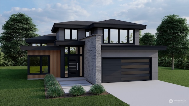 view of front of property with stone siding, a garage, concrete driveway, and a front yard