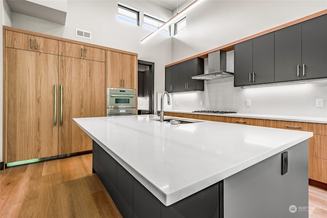 kitchen with light wood-type flooring, an island with sink, wall chimney exhaust hood, sink, and appliances with stainless steel finishes