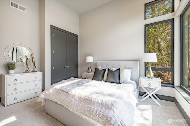 carpeted bedroom with visible vents and a closet