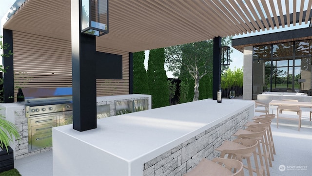 view of patio with area for grilling and a pergola