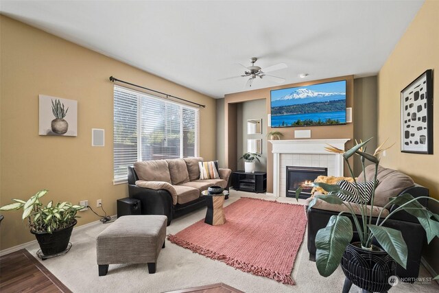 1735 SW 346th Pl, Federal Way, WA 98023 - living room featuring a tile fireplace and ceiling fan