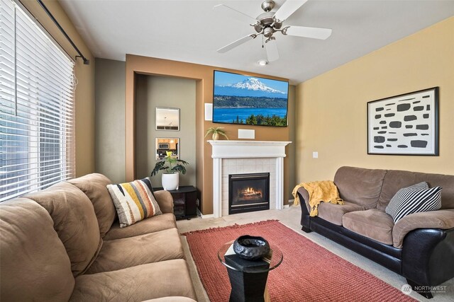 1735 SW 346th Pl, Federal Way, WA 98023 - living room with a tile fireplace, carpet flooring, and ceiling fan