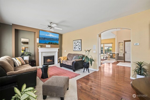 1735 SW 346th Pl, Federal Way, WA 98023 - living room featuring ceiling fan, hardwood / wood-style floors, and a fireplace