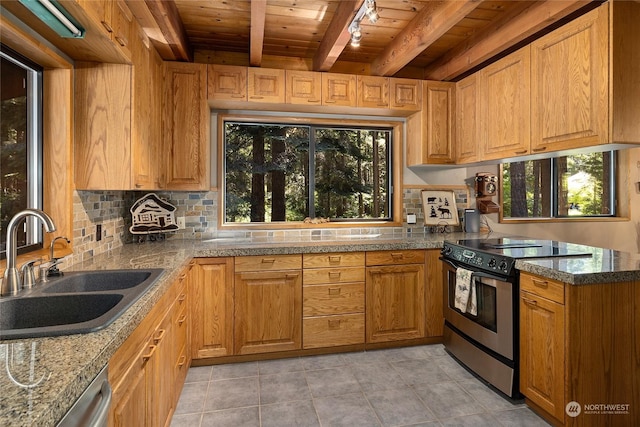 kitchen featuring stainless steel electric stove, beamed ceiling, tasteful backsplash, sink, and wooden ceiling