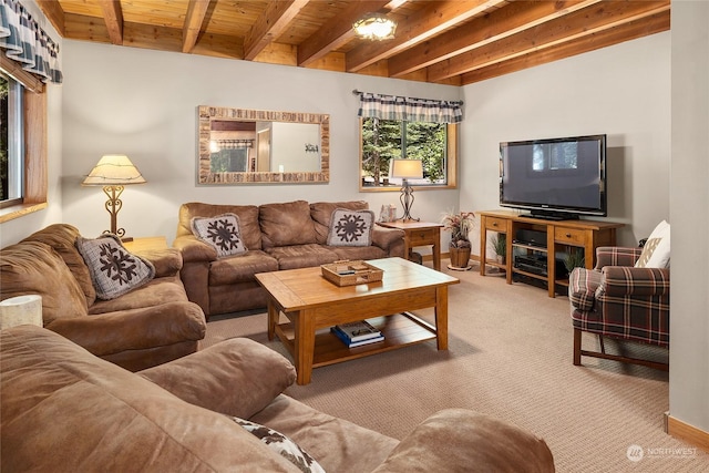 carpeted living room with wooden ceiling and beamed ceiling