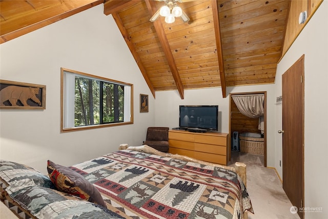 bedroom with wood ceiling, ceiling fan, light colored carpet, high vaulted ceiling, and beamed ceiling