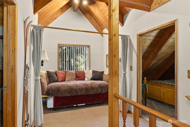 bedroom featuring wood ceiling, carpet, high vaulted ceiling, and beamed ceiling