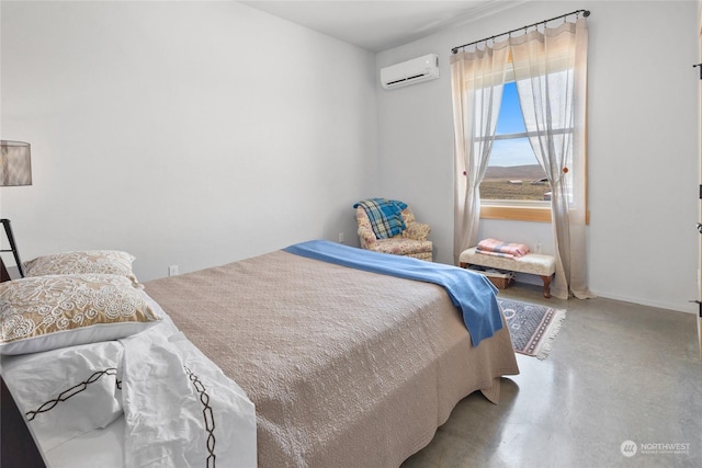 bedroom with concrete flooring and an AC wall unit