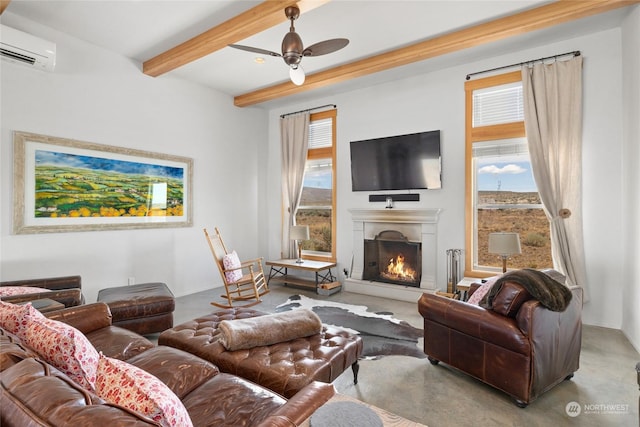 living room with beamed ceiling, an AC wall unit, and ceiling fan