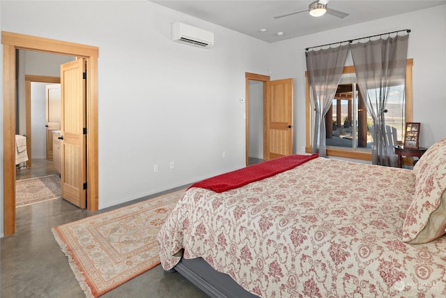 bedroom with ceiling fan and a wall mounted AC