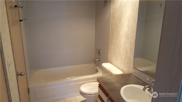 full bathroom with vanity, shower / washtub combination, tile patterned flooring, and toilet