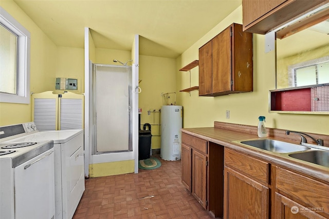 kitchen with sink, water heater, and white electric range oven