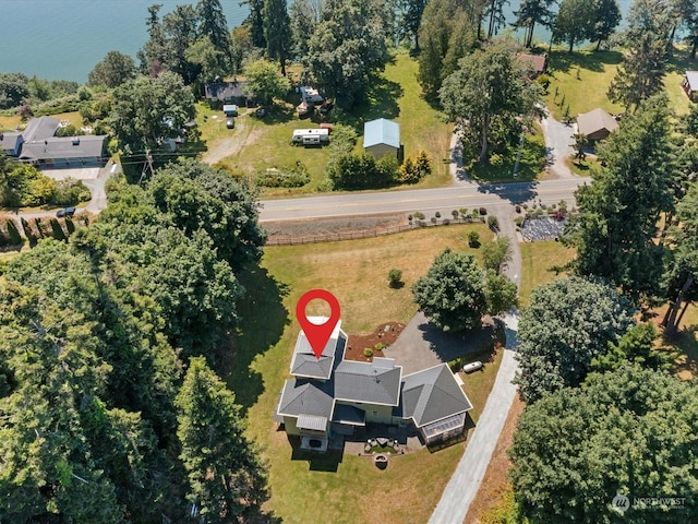 drone / aerial view featuring a water view