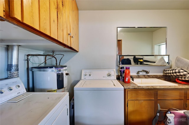 laundry area with separate washer and dryer, sink, and water heater