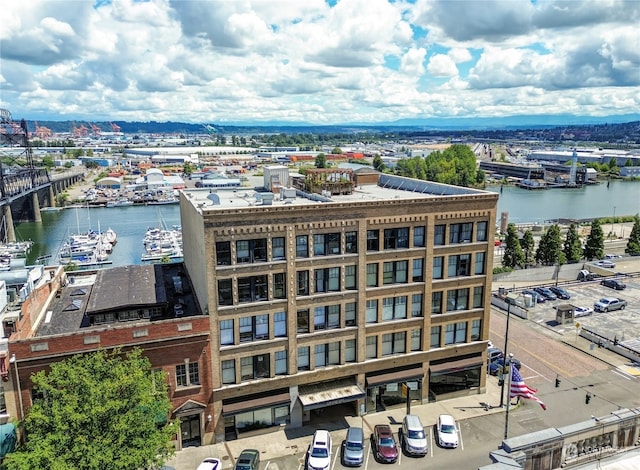 bird's eye view with a water view