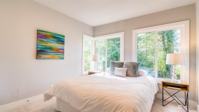 bedroom with light carpet