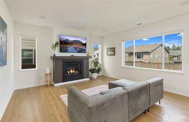 4429 Hibiscus Cir SW, Port Orchard, WA 98367 - living room featuring light wood-style floors, a glass covered fireplace, and baseboards