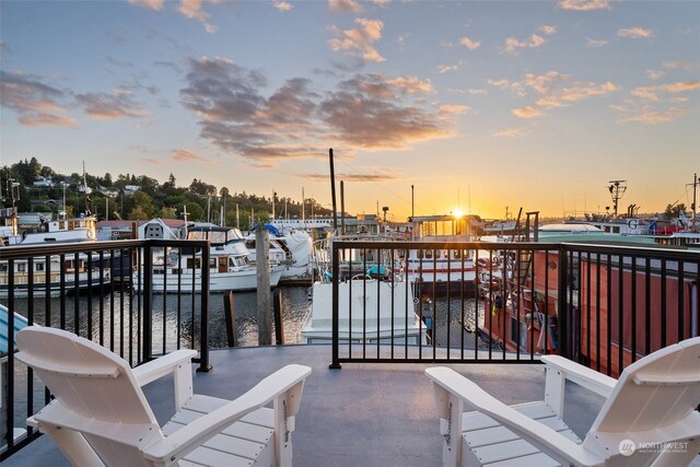 exterior space with a dock and a water view