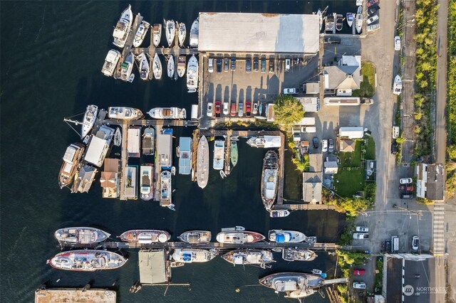 aerial view featuring a water view