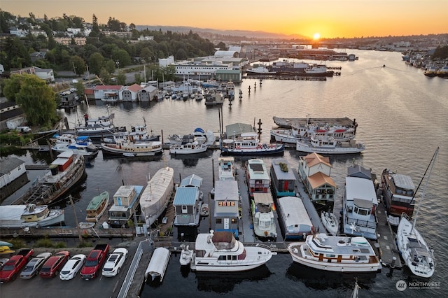 aerial view at dusk featuring a water view