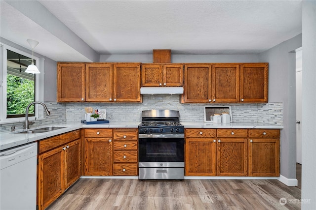 kitchen featuring tasteful backsplash, dishwasher, stainless steel range with gas stovetop, light hardwood / wood-style floors, and sink